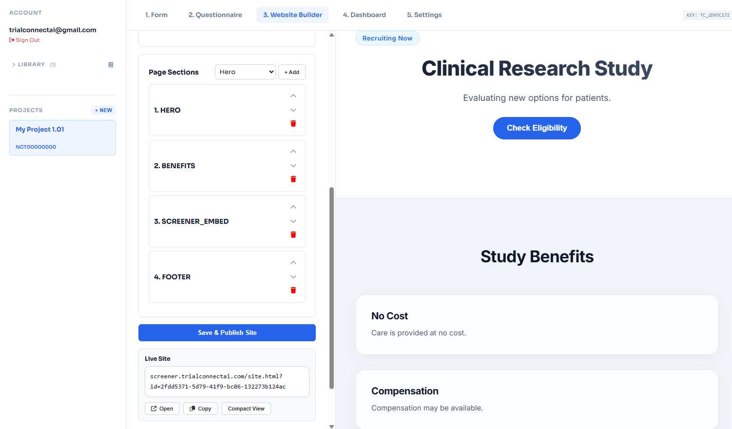 Study microsite using standard content blocks